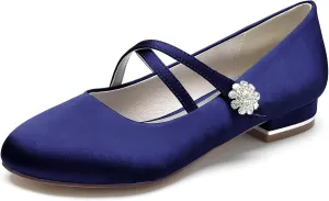 Women Satin Cross Ankle Strap Ballet Flat Closed Toe with Rhinestone Bridal Shoes Slip-On Low Heel Dress Shoes