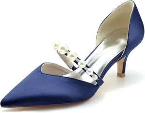 Women Sexy Satin Evening Rhinestone Beads Kitten Heel Pumps Pointed Toe Slip on Slide Dress Shoes