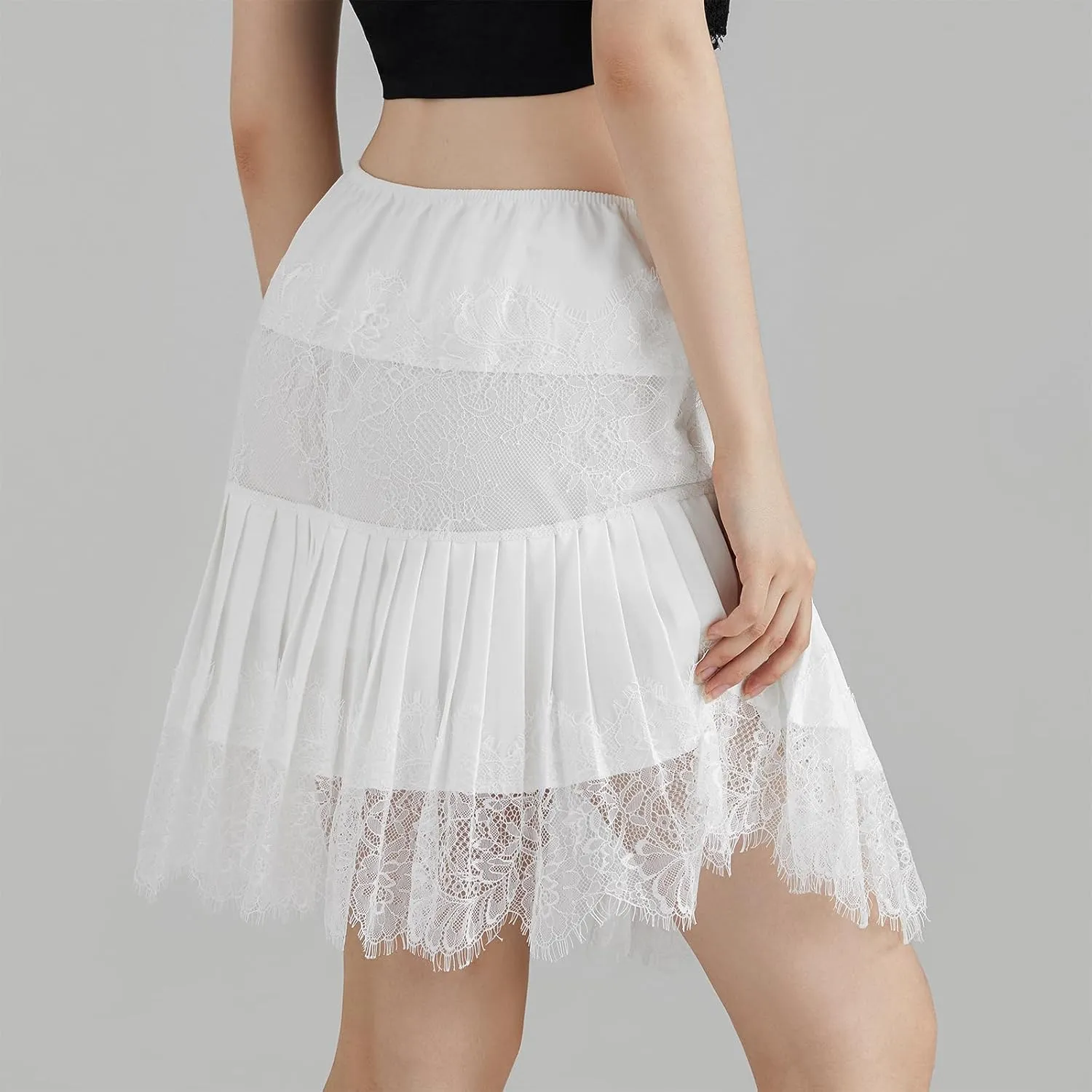 Women Y2k Lace Half Slip Skirt Flowy Ruffle Pleated Mini Skirts Fairy Mesh Floral Mid Rise Layered Short Skirts Underskirt