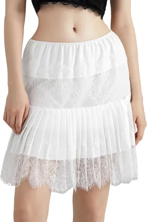 Women Y2k Lace Half Slip Skirt Flowy Ruffle Pleated Mini Skirts Fairy Mesh Floral Mid Rise Layered Short Skirts Underskirt