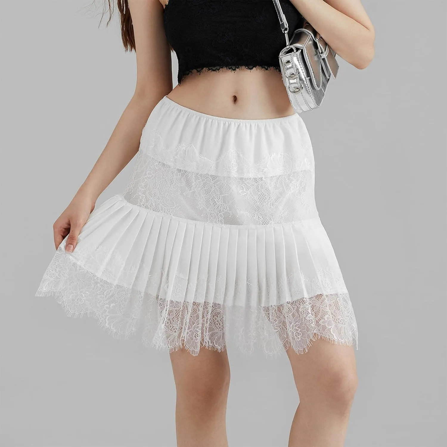 Women Y2k Lace Half Slip Skirt Flowy Ruffle Pleated Mini Skirts Fairy Mesh Floral Mid Rise Layered Short Skirts Underskirt