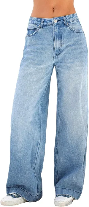 Women Y2k Low Rise Baggy Jeans Loose Fit Boyfriend Straight Wide Leg Jeans Trendy Stretch Long Denim Pants