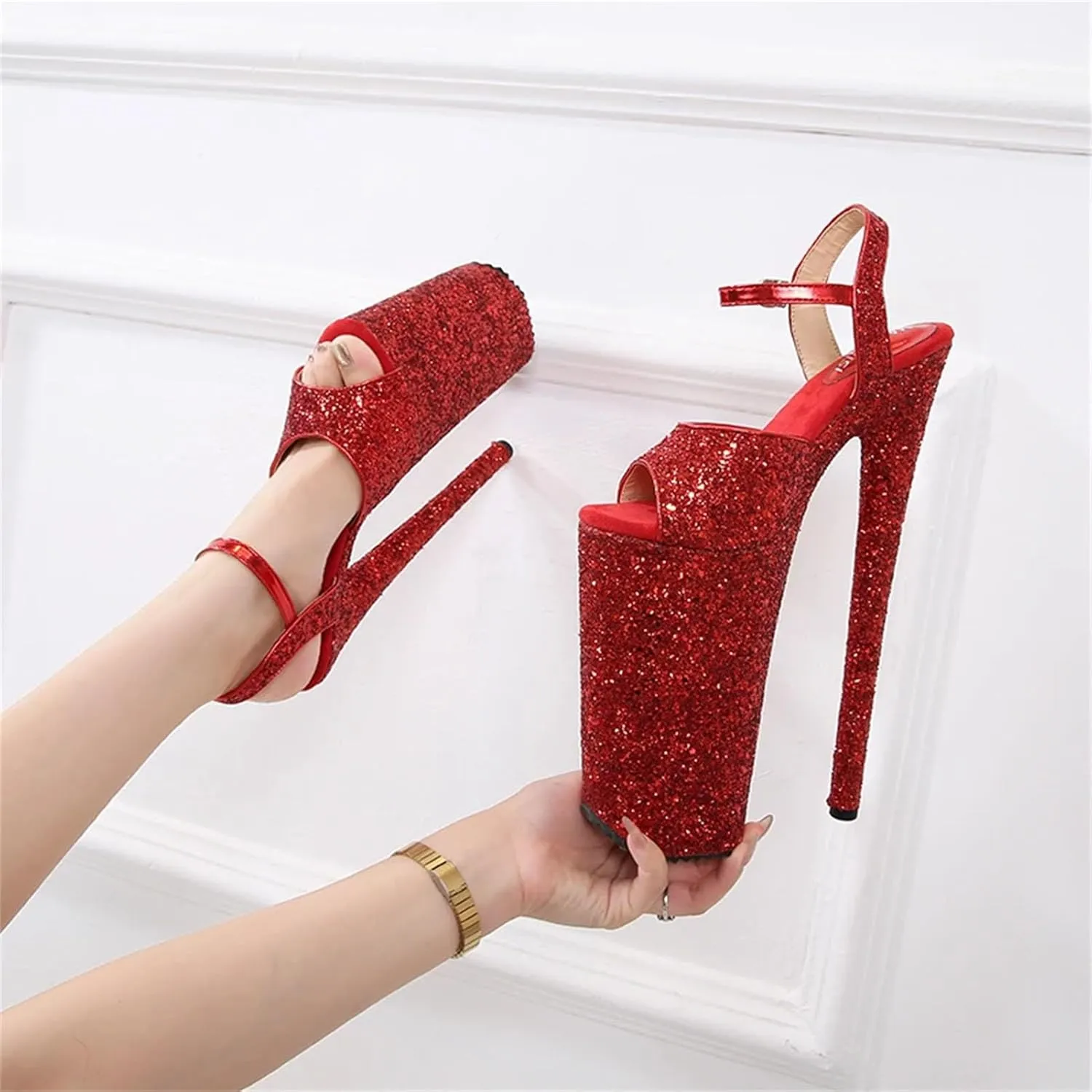 Women's 10-Inch Sequined Sandals - 26cm Thin Heels Fetish Party Shoes