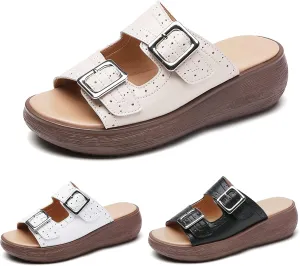 Womens Adjustable Double Buckle Ultra Cushion Sandals,Non-slip Leather Slip on Platform Comfortable Beach Cloud Slides