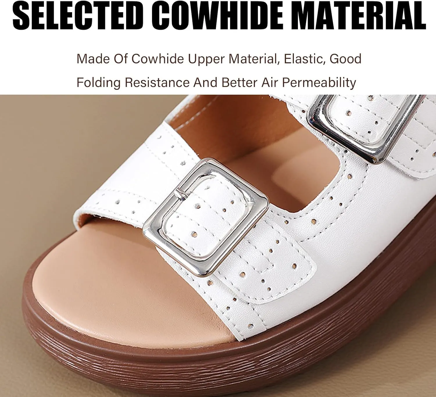 Womens Adjustable Double Buckle Ultra Cushion Sandals,Non-slip Leather Slip on Platform Comfortable Beach Cloud Slides
