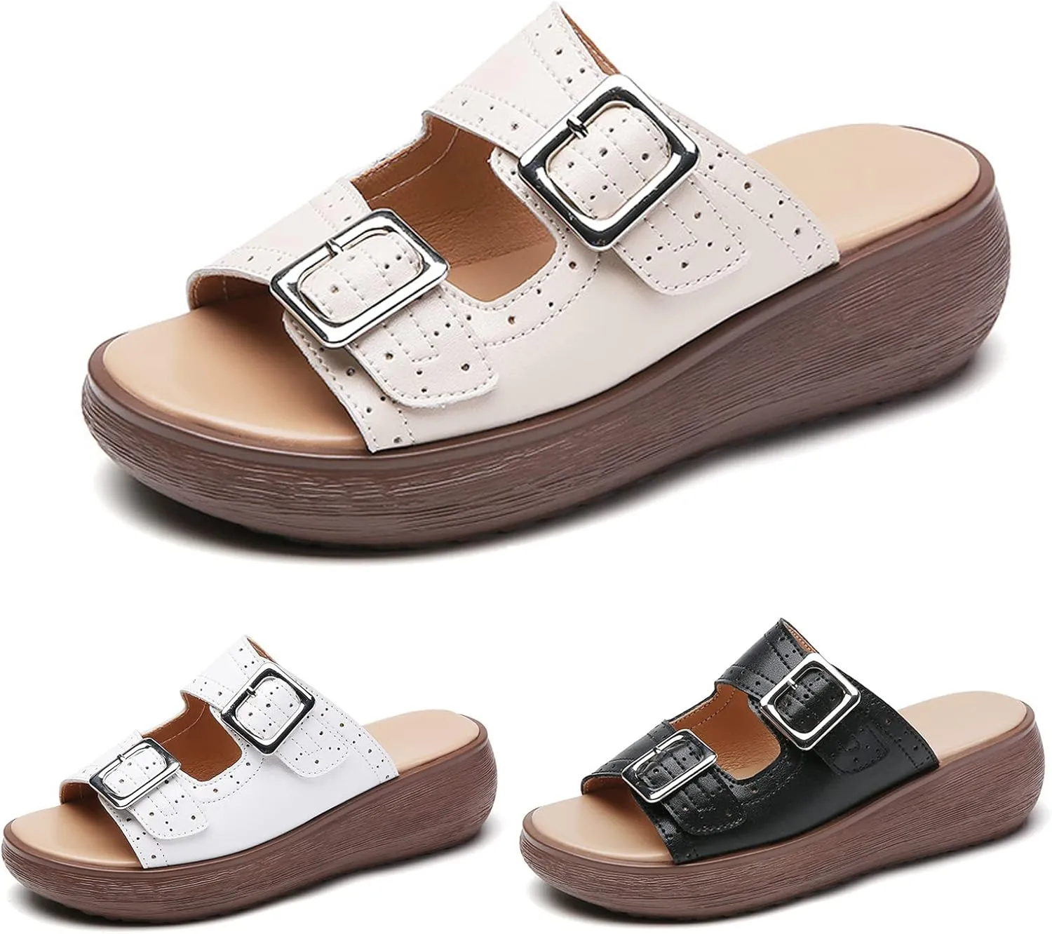 Womens Adjustable Double Buckle Ultra Cushion Sandals,Non-slip Leather Slip on Platform Comfortable Beach Cloud Slides