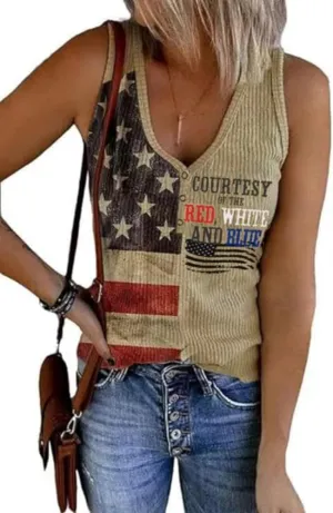 Womens American Flag Button V-Neck Tank Coloful Printed Sleeveless Patriotic Shirts Summer Tops