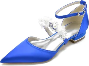 Women's Ankle Strap Wedding Shoes for Bride Pointed Toe Satin Wedding Flats Pearl Flower Formal Prom Party Dress Shoes