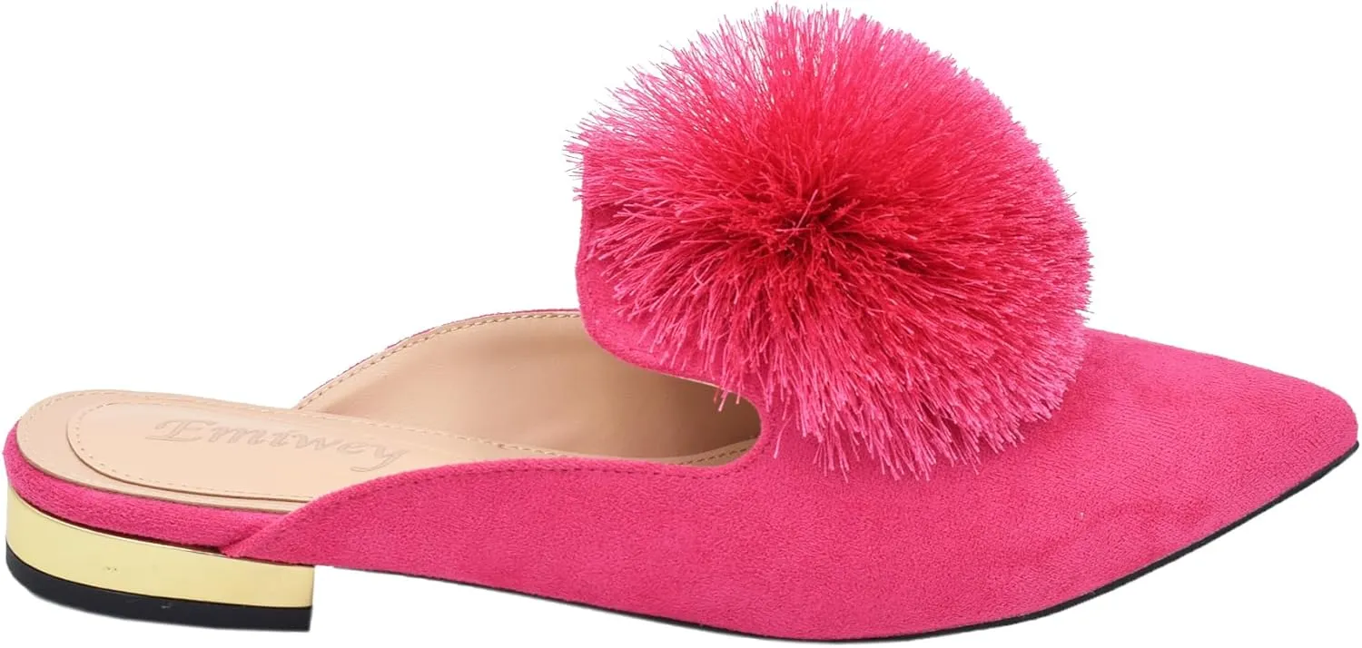 Women's Backless Comfort Slip On Loafers Flats Cute Pom Pom Mule Slippers Casual Shoes