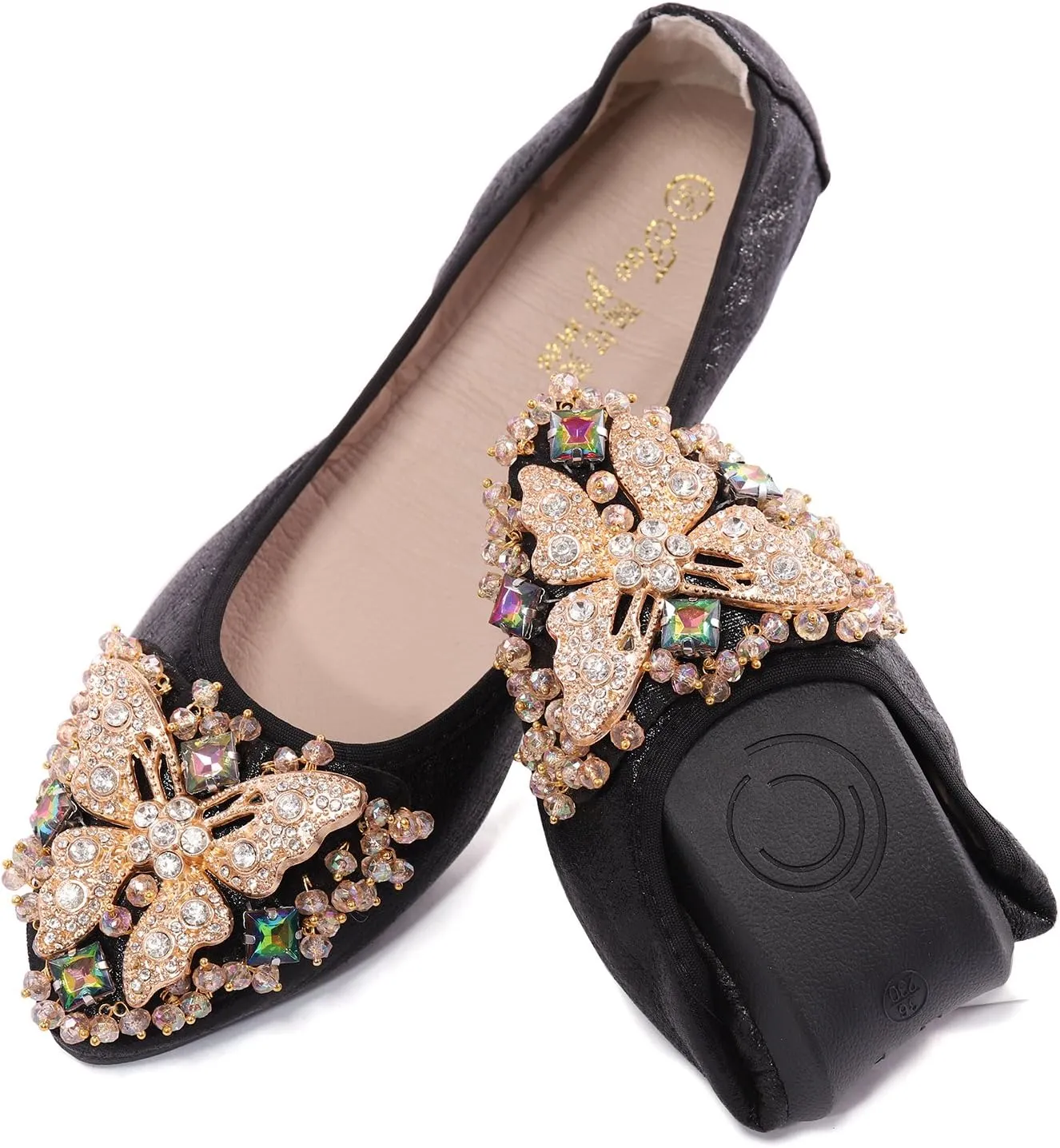 Womens Ballet Flats Foldable Rhinestone Pointed Toe Comfortable Slip on Wedding Flat Shoes Dress Flats for Women
