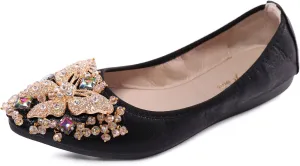 Womens Ballet Flats Foldable Rhinestone Pointed Toe Comfortable Slip on Wedding Flat Shoes Dress Flats for Women