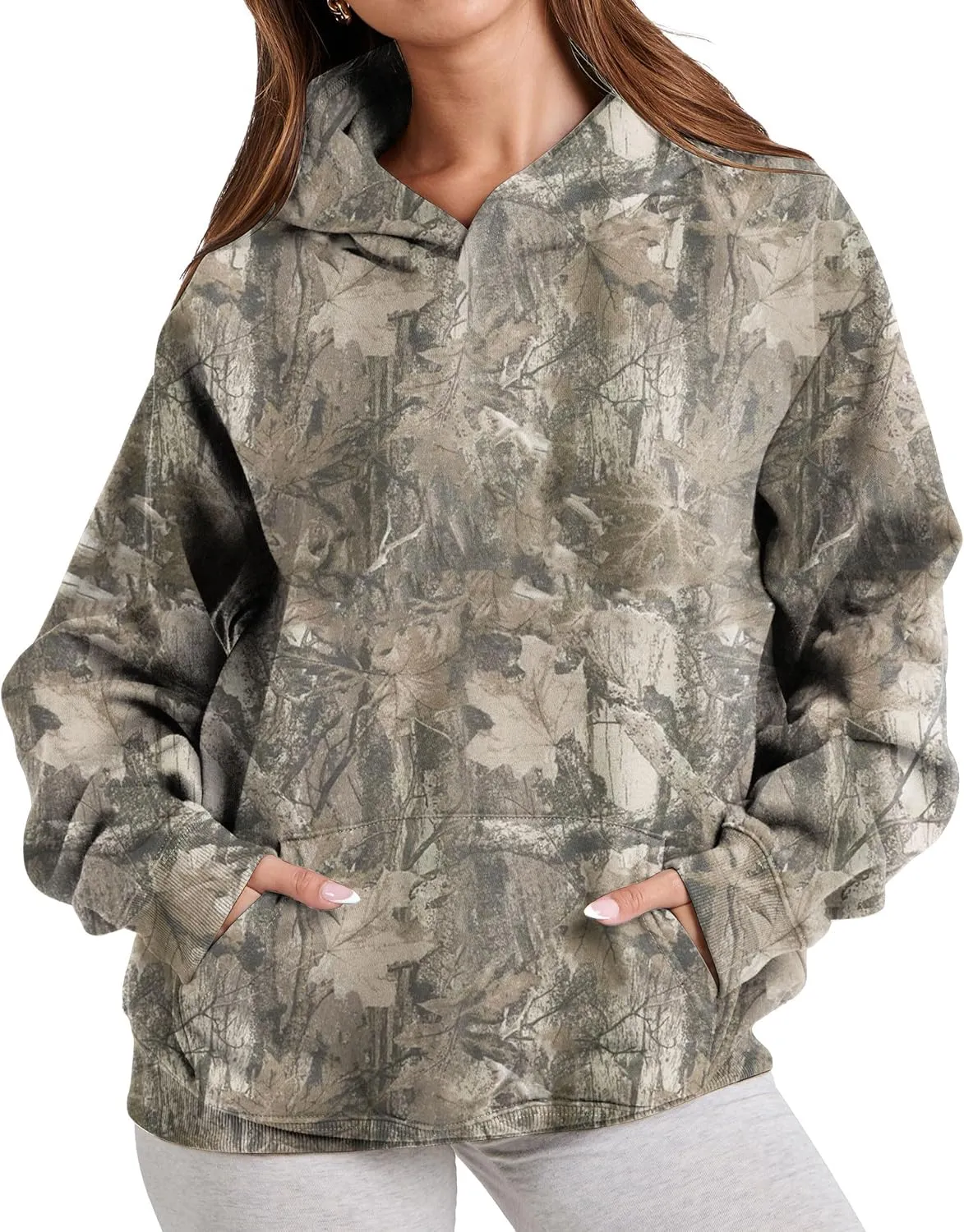 Womens Camo Hoodies Maple Leaf Print Oversized Hooded Sweatshirt Fleece Pullover Sweatshirts Long Sleeve with Pocket