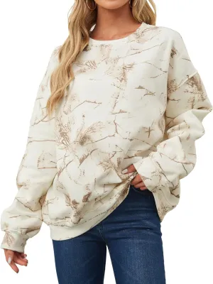 Womens Camo Sweatshirt Maple Leaf Print Oversized Camo Crewneck Sweatshirt Fleece Pullover Hoodies Long Sleeve