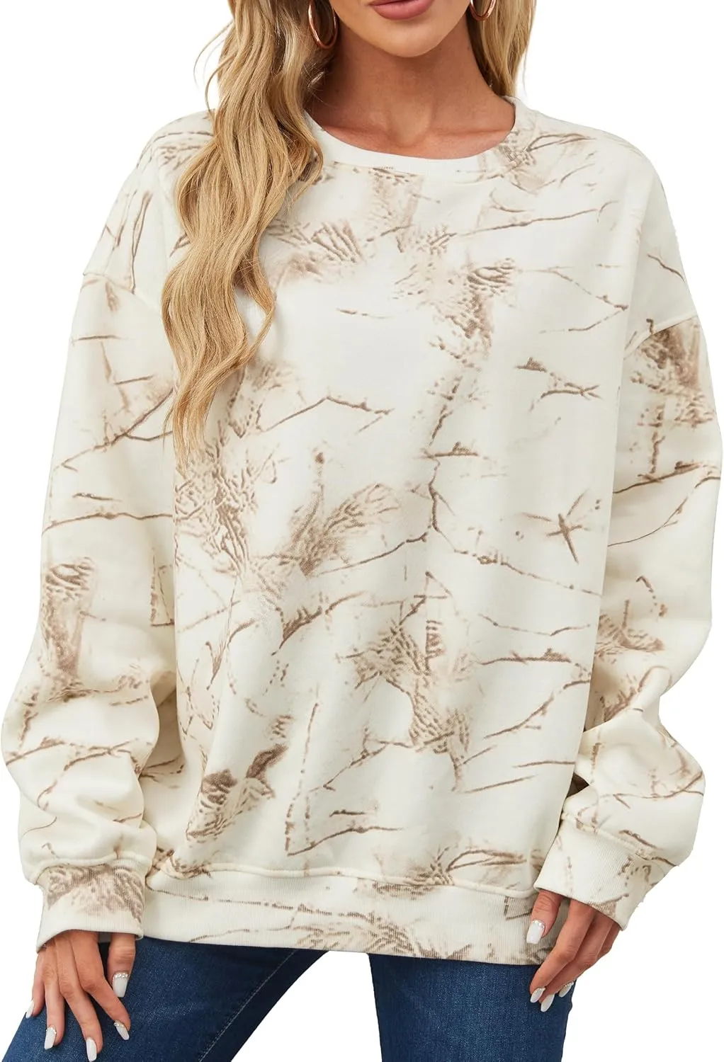 Womens Camo Sweatshirt Maple Leaf Print Oversized Camo Crewneck Sweatshirt Fleece Pullover Hoodies Long Sleeve