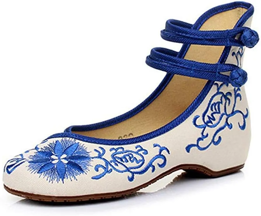 Women's Casual Flat Chinese Embroidered Floral Mary Jane Ballet Shoes