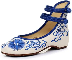 Women's Casual Flat Chinese Embroidered Floral Mary Jane Ballet Shoes