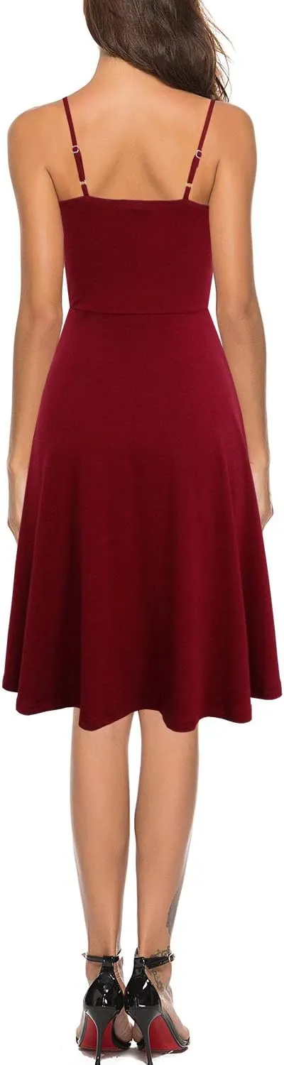 Women's Casual Summer Beach Flattering Flowy A-Line Spaghetti Straps Solid Cotton Button Down Midi Sundress