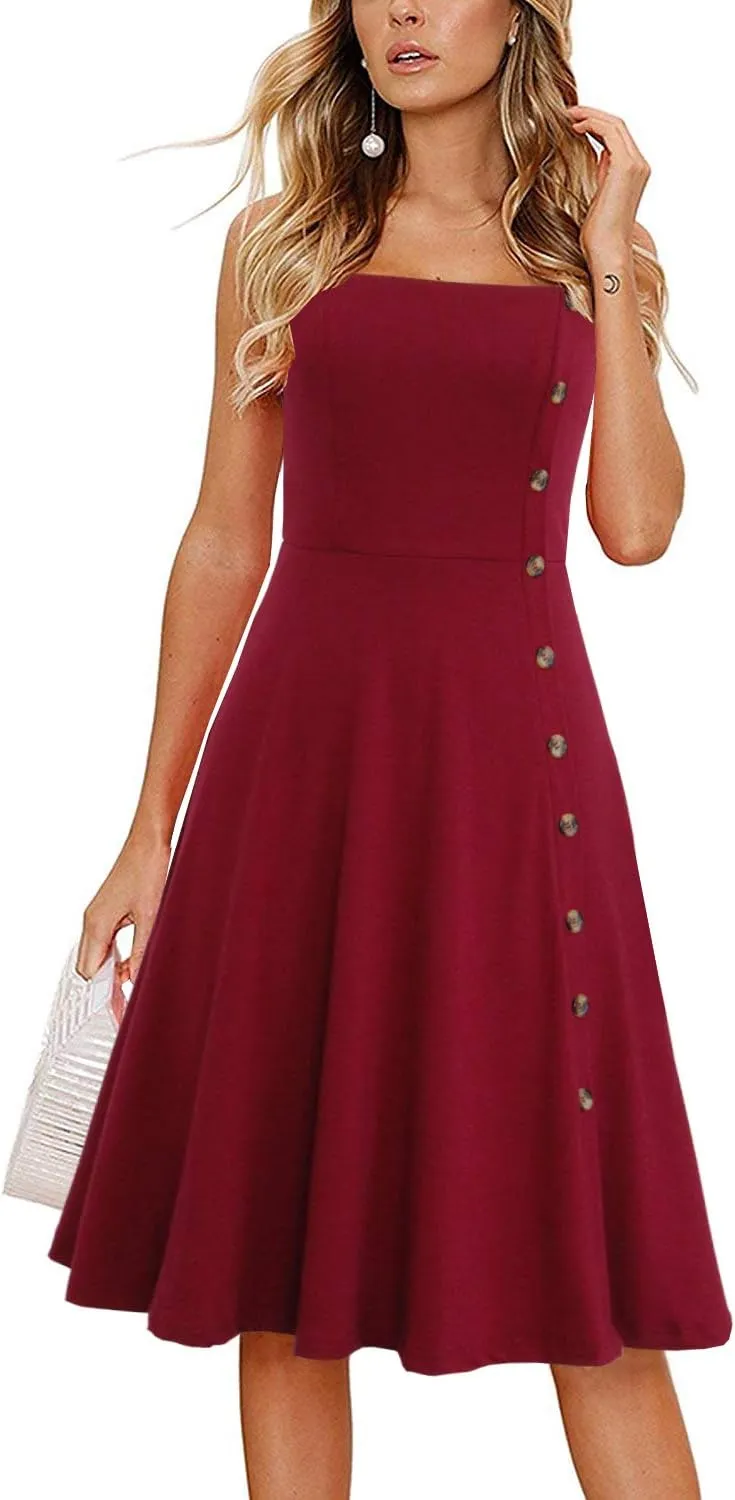 Women's Casual Summer Beach Flattering Flowy A-Line Spaghetti Straps Solid Cotton Button Down Midi Sundress
