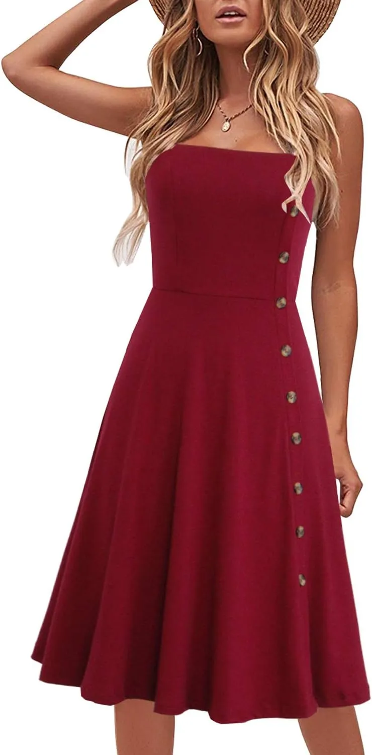 Women's Casual Summer Beach Flattering Flowy A-Line Spaghetti Straps Solid Cotton Button Down Midi Sundress