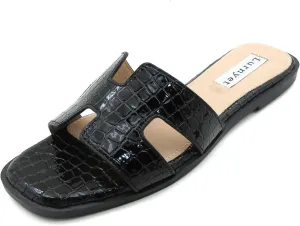 Women's Comfort Cushion Flat Sandal with Crocodile Pattern: Stylish Design Slide, Non-Slip Rubber Sole, Latex Insole for Comfort, Perfect for Parties, Gatherings, Casual Wear, Vacations, and Beach Days