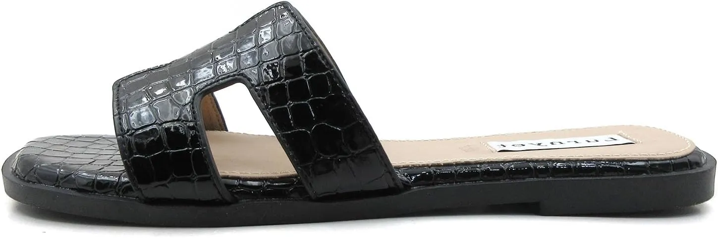 Women's Comfort Cushion Flat Sandal with Crocodile Pattern: Stylish Design Slide, Non-Slip Rubber Sole, Latex Insole for Comfort, Perfect for Parties, Gatherings, Casual Wear, Vacations, and Beach Days