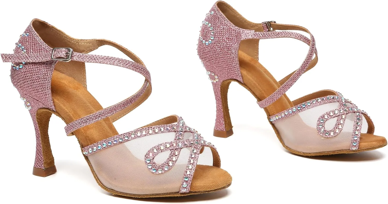 Womens Comfortable Ballroom Dance Shoes Rhinestones Pattern Wedding Sandals