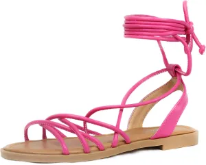Women's Cross Lace Up Gladiator Sandals, Ankle Wrap Strappy Flats Sandals for Women