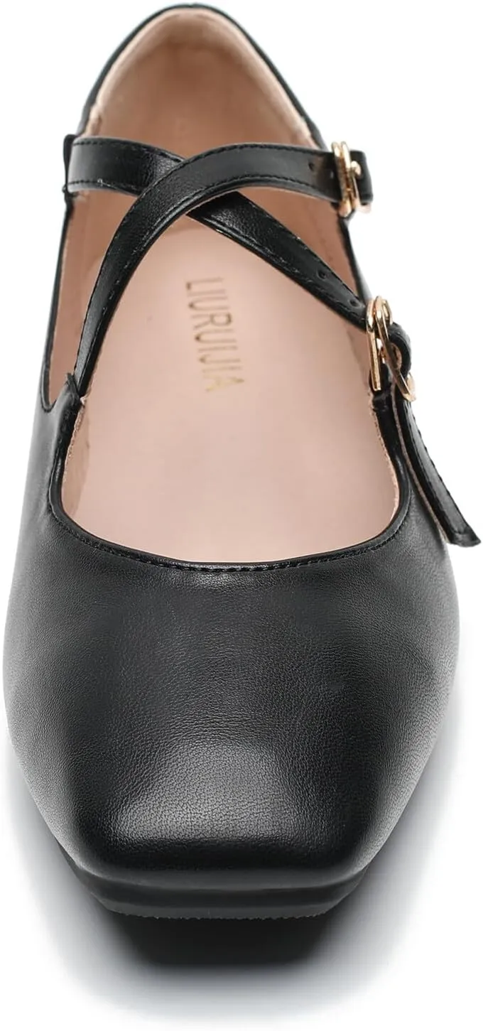 Women's Cross Strap Ballet Flats Square Toe Casual Retro Mary Jane Lolita Dress Shoes