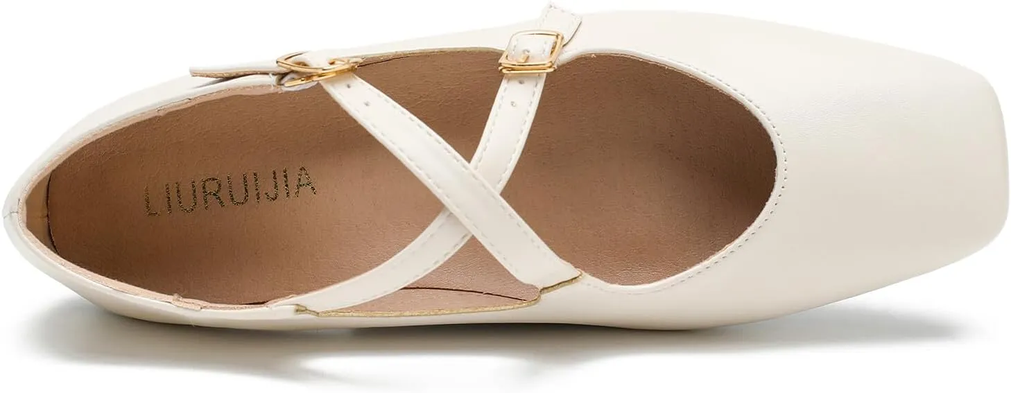 Women's Cross Strap Ballet Flats Square Toe Casual Retro Mary Jane Lolita Dress Shoes