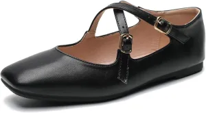 Women's Cross Strap Ballet Flats Square Toe Casual Retro Mary Jane Lolita Dress Shoes