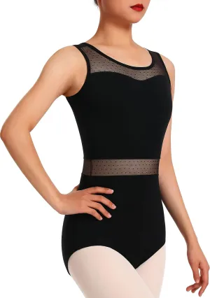 Womens Dance Leotard for Ballet Hollow Back, Mesh Neckline Panel, Chest Lining