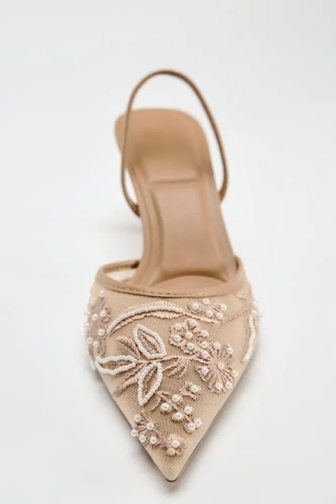 Women's Embroidered Mesh Heels with Pearls, Pointed Toe Pumps Slingback Kitten Heels, Clear Breathable Mesh Low Heel Slip On Dress Shoes