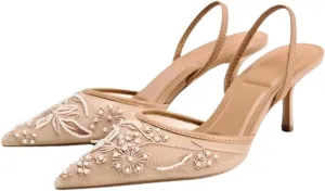 Women's Embroidered Mesh Heels with Pearls, Pointed Toe Pumps Slingback Kitten Heels, Clear Breathable Mesh Low Heel Slip On Dress Shoes