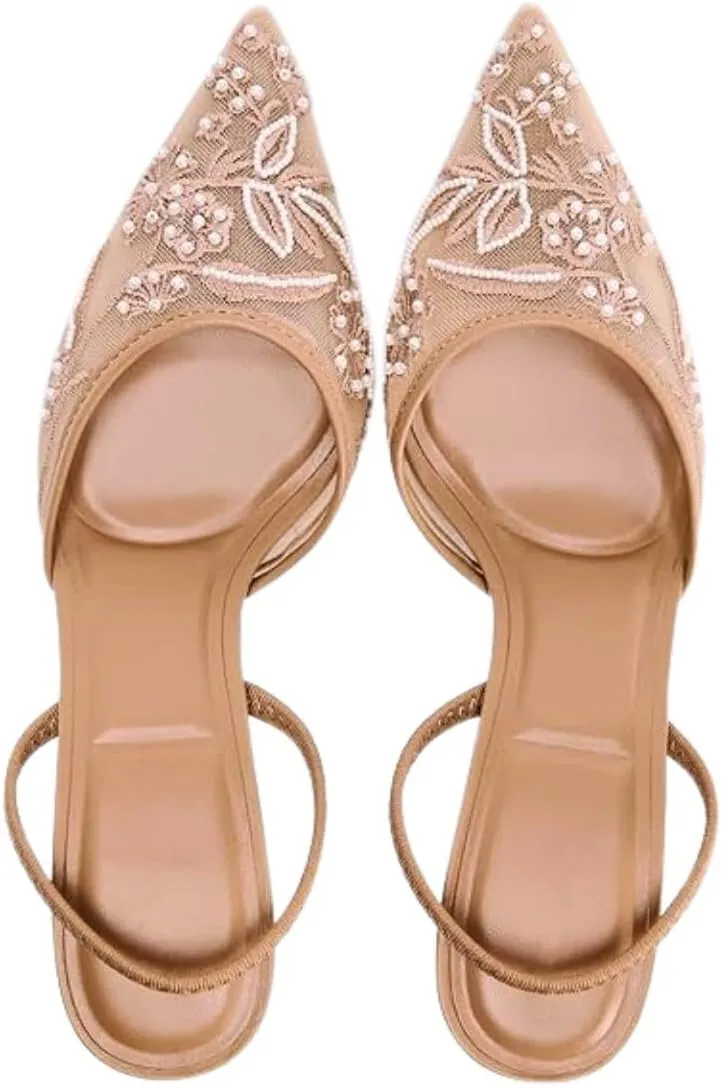 Women's Embroidered Mesh Heels with Pearls, Pointed Toe Pumps Slingback Kitten Heels, Clear Breathable Mesh Low Heel Slip On Dress Shoes