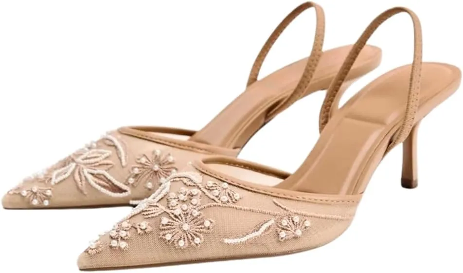 Women's Embroidered Mesh Heels with Pearls, Pointed Toe Pumps Slingback Kitten Heels, Clear Breathable Mesh Low Heel Slip On Dress Shoes