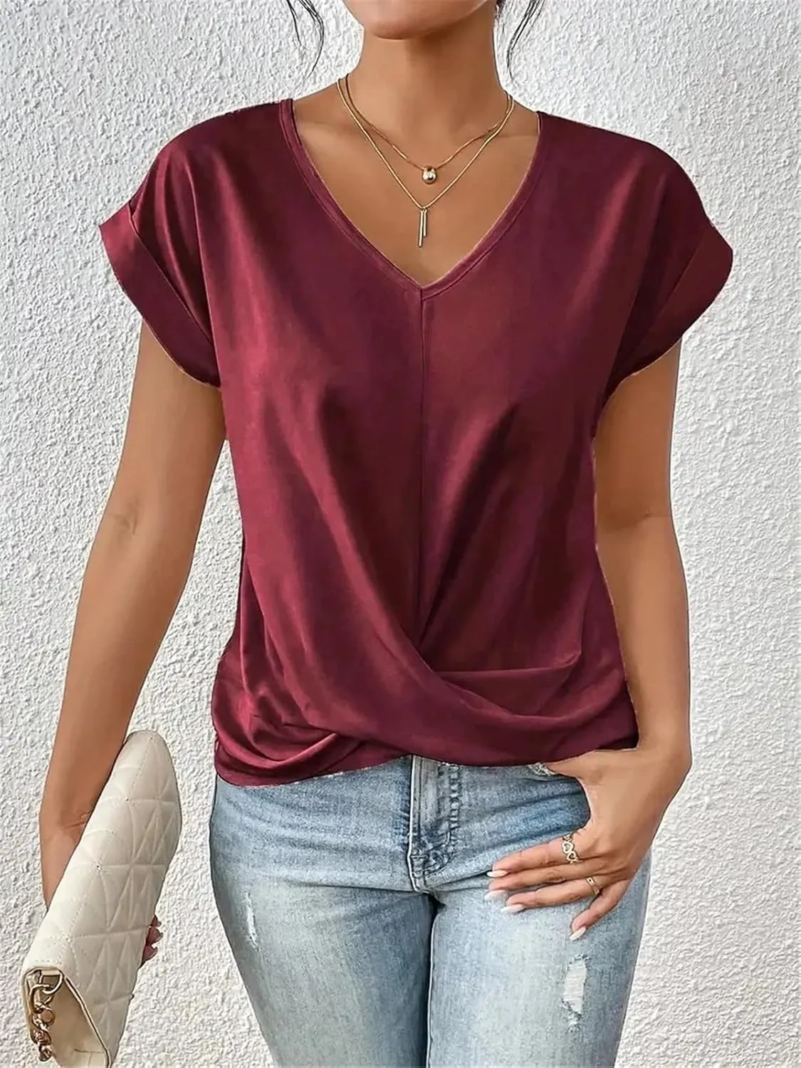 Women's Fashion Pleated Hem V Neck Pullover T Shirt Daily Solid Color Casual Commuter Short Sleeve Top Tees