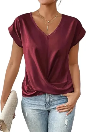 Women's Fashion Pleated Hem V Neck Pullover T Shirt Daily Solid Color Casual Commuter Short Sleeve Top Tees