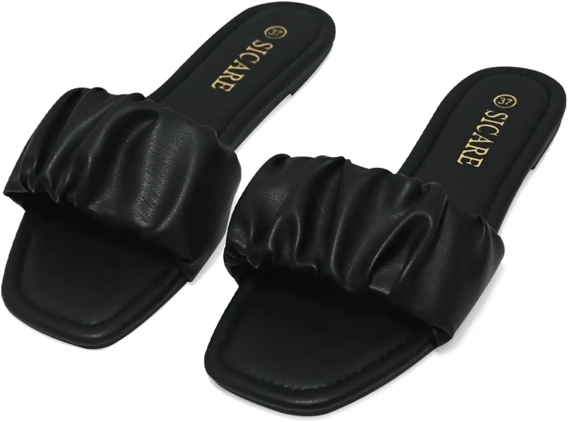 Women's Flat Sandals Comfortable Casual Square Open Toe Slide Sandals Trendy Flexiable Strap Summer Beach Sandals Cute Slip On Dressy Mlue Black White Nude Sandals