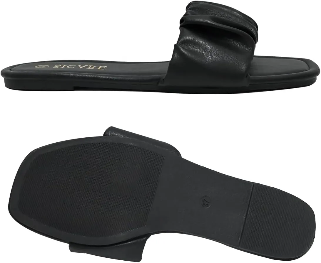 Women's Flat Sandals Comfortable Casual Square Open Toe Slide Sandals Trendy Flexiable Strap Summer Beach Sandals Cute Slip On Dressy Mlue Black White Nude Sandals