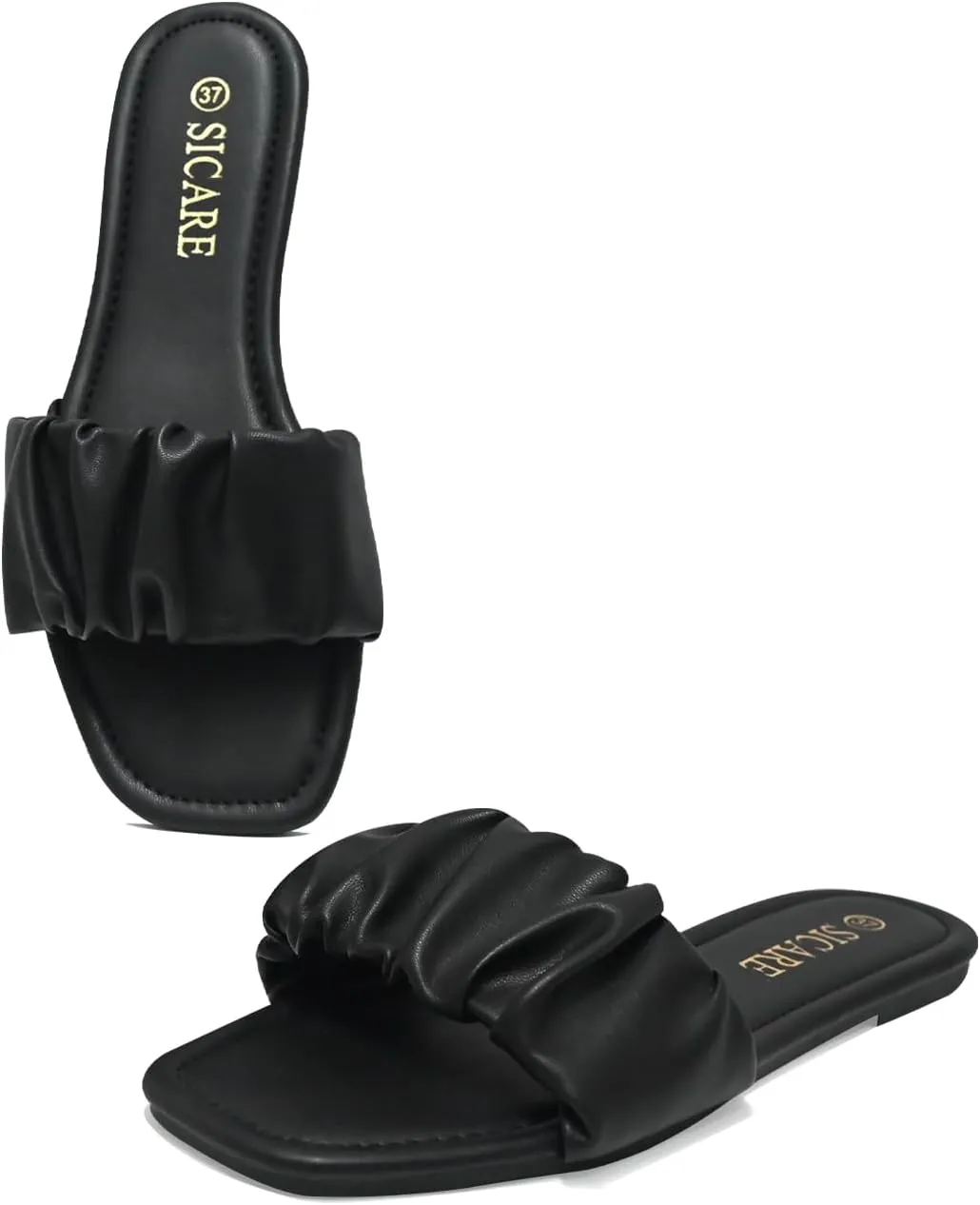 Women's Flat Sandals Comfortable Casual Square Open Toe Slide Sandals Trendy Flexiable Strap Summer Beach Sandals Cute Slip On Dressy Mlue Black White Nude Sandals