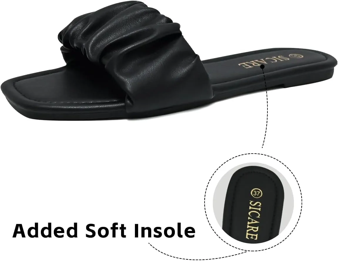 Women's Flat Sandals Comfortable Casual Square Open Toe Slide Sandals Trendy Flexiable Strap Summer Beach Sandals Cute Slip On Dressy Mlue Black White Nude Sandals