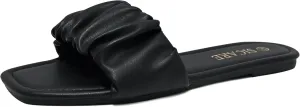 Women's Flat Sandals Comfortable Casual Square Open Toe Slide Sandals Trendy Flexiable Strap Summer Beach Sandals Cute Slip On Dressy Mlue Black White Nude Sandals