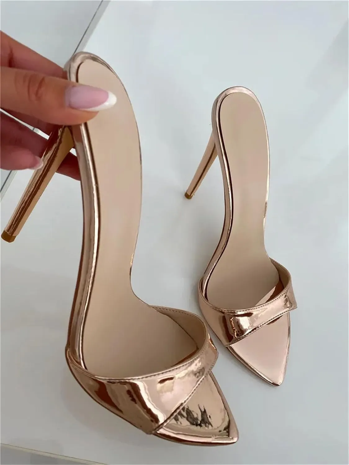 Women's Gold Peep Toe Mules, Thin High Slip-On Classic Sandals
