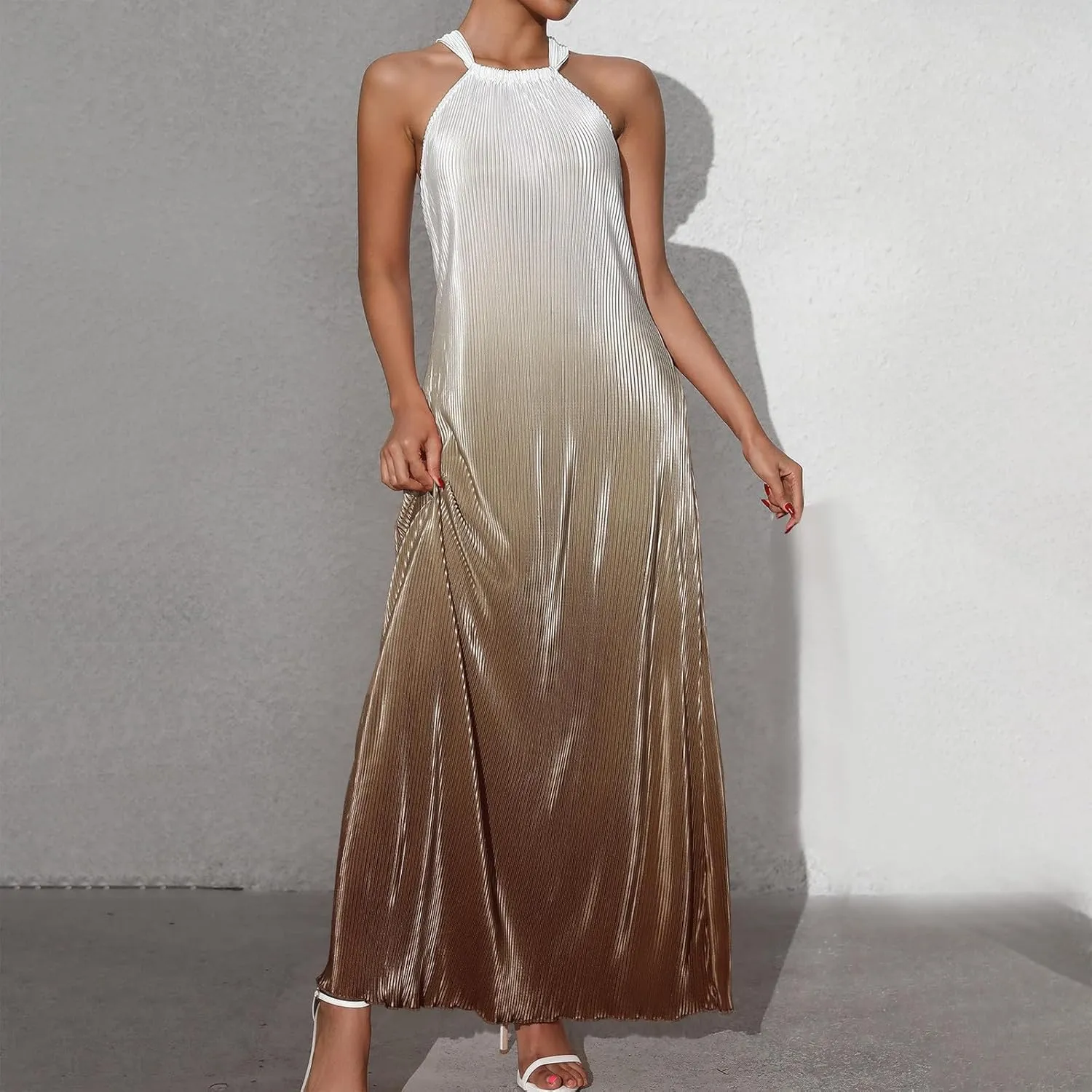 Womens Gradient Backless Halter Dresses for Women Sleeveless Spaghetti Strap Ribbed Thin Sexy Fall Summer 2025