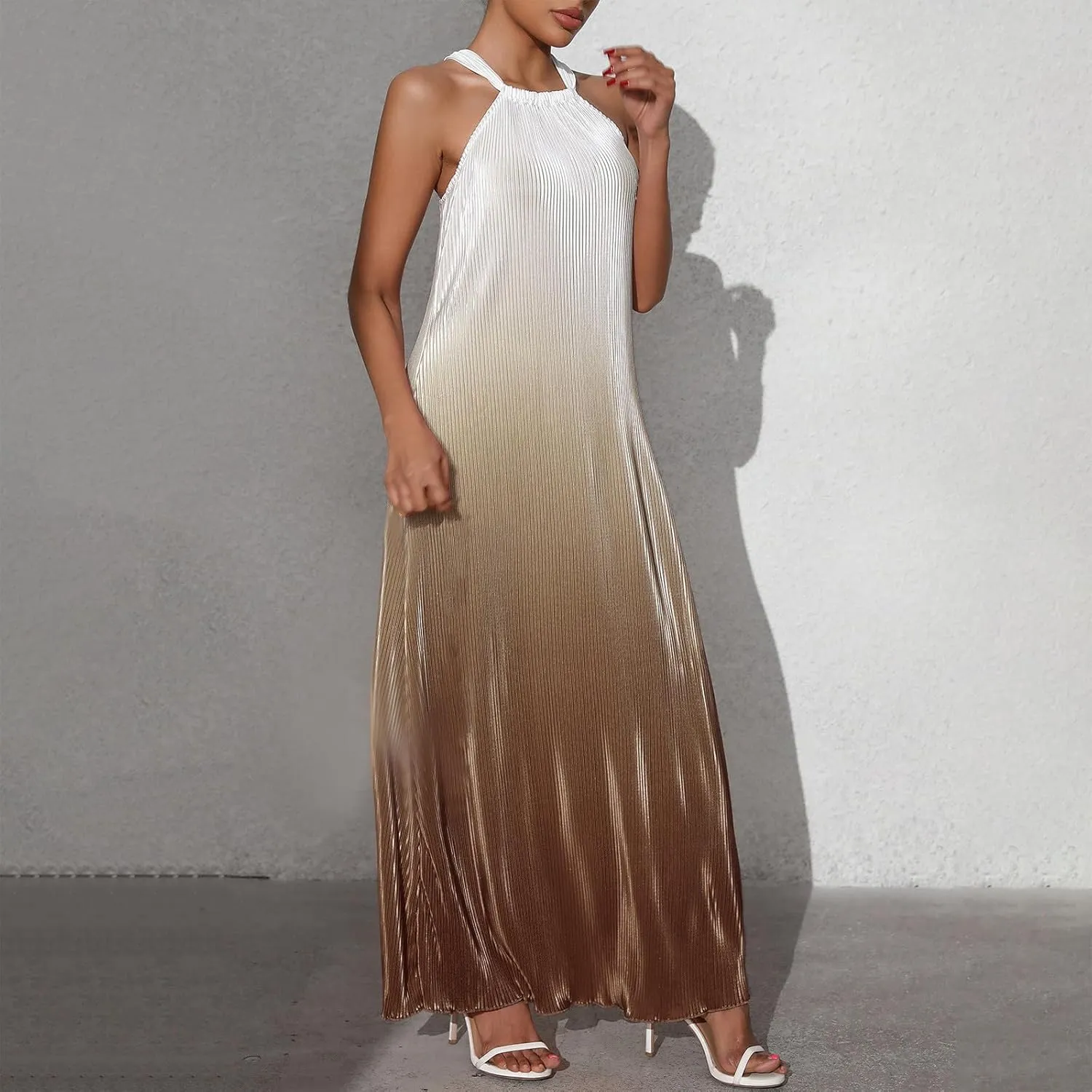 Womens Gradient Backless Halter Dresses for Women Sleeveless Spaghetti Strap Ribbed Thin Sexy Fall Summer 2025