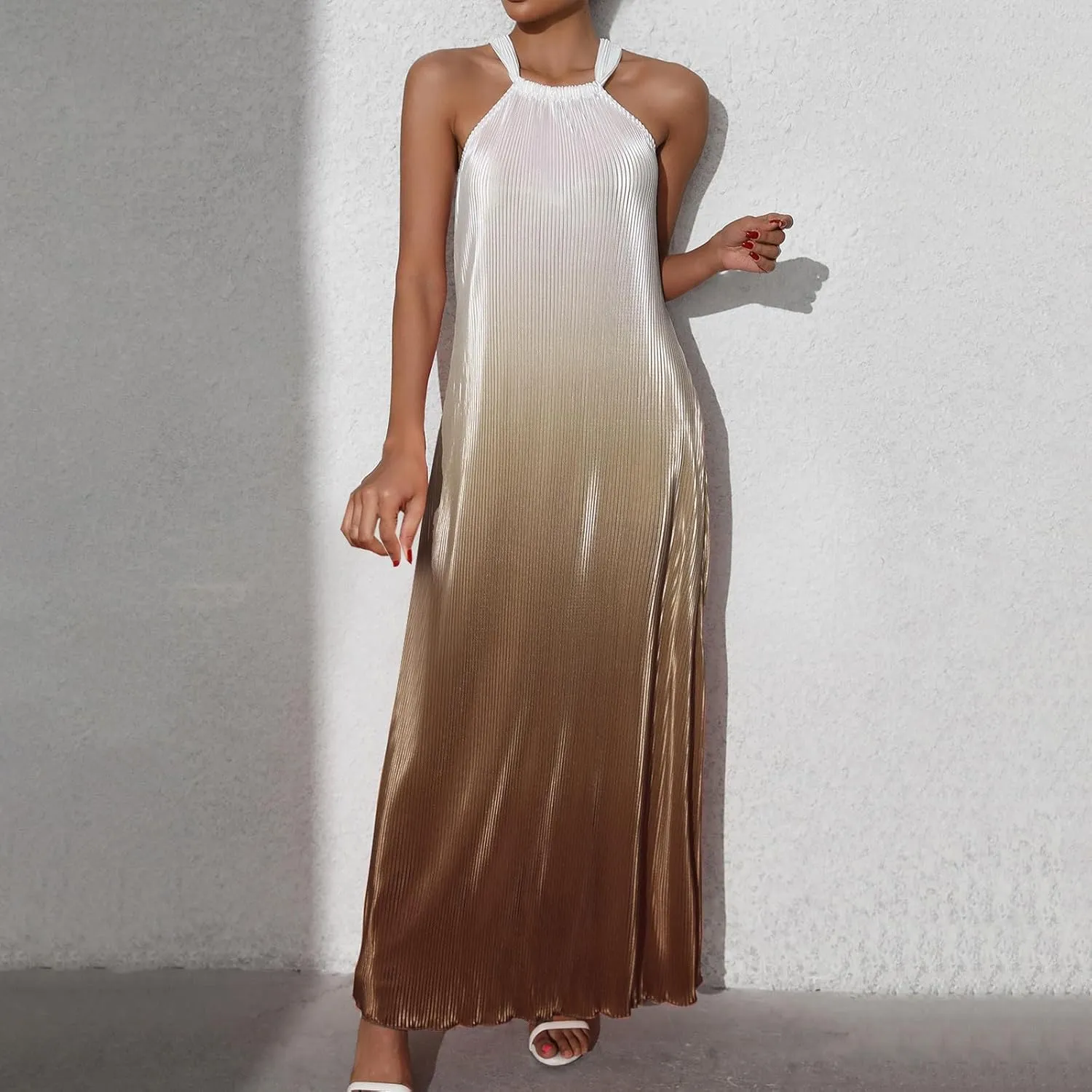 Womens Gradient Backless Halter Dresses for Women Sleeveless Spaghetti Strap Ribbed Thin Sexy Fall Summer 2025