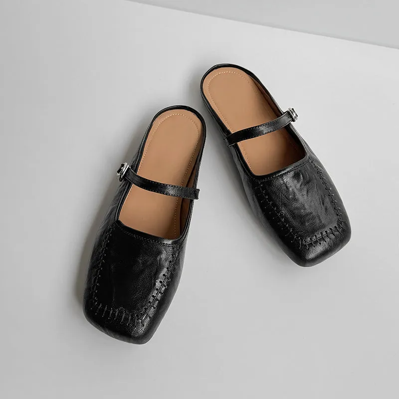 Women's Handmade Stylish Slip-on Square Toe Buckle Flat Mule Shoes