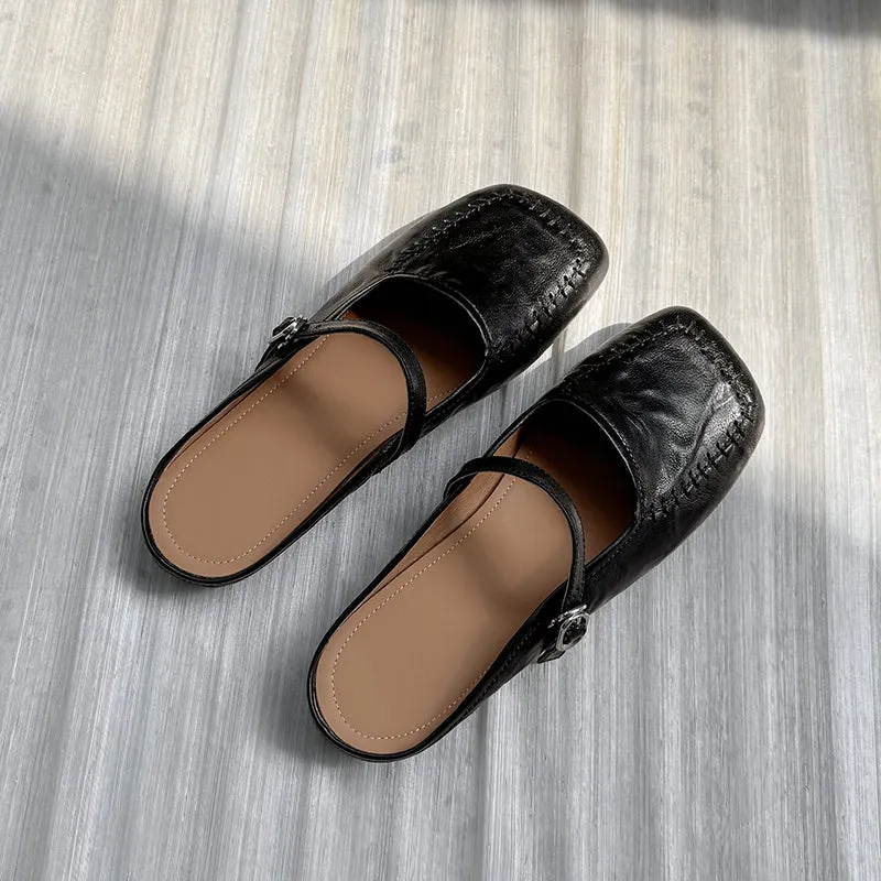 Women's Handmade Stylish Slip-on Square Toe Buckle Flat Mule Shoes