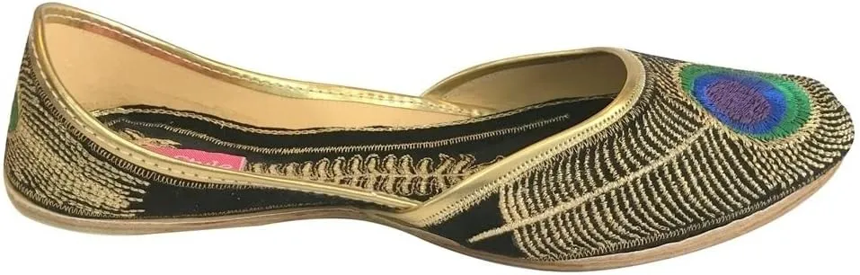 Womens Khussa Shoes Punjabi Peacock Jutti Flat Ballet Jaipuri Sandal Black