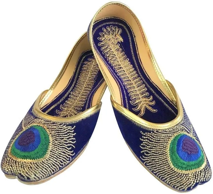 Womens Khussa Shoes Punjabi Peacock Jutti Flat Ballet Jaipuri Sandal Blue